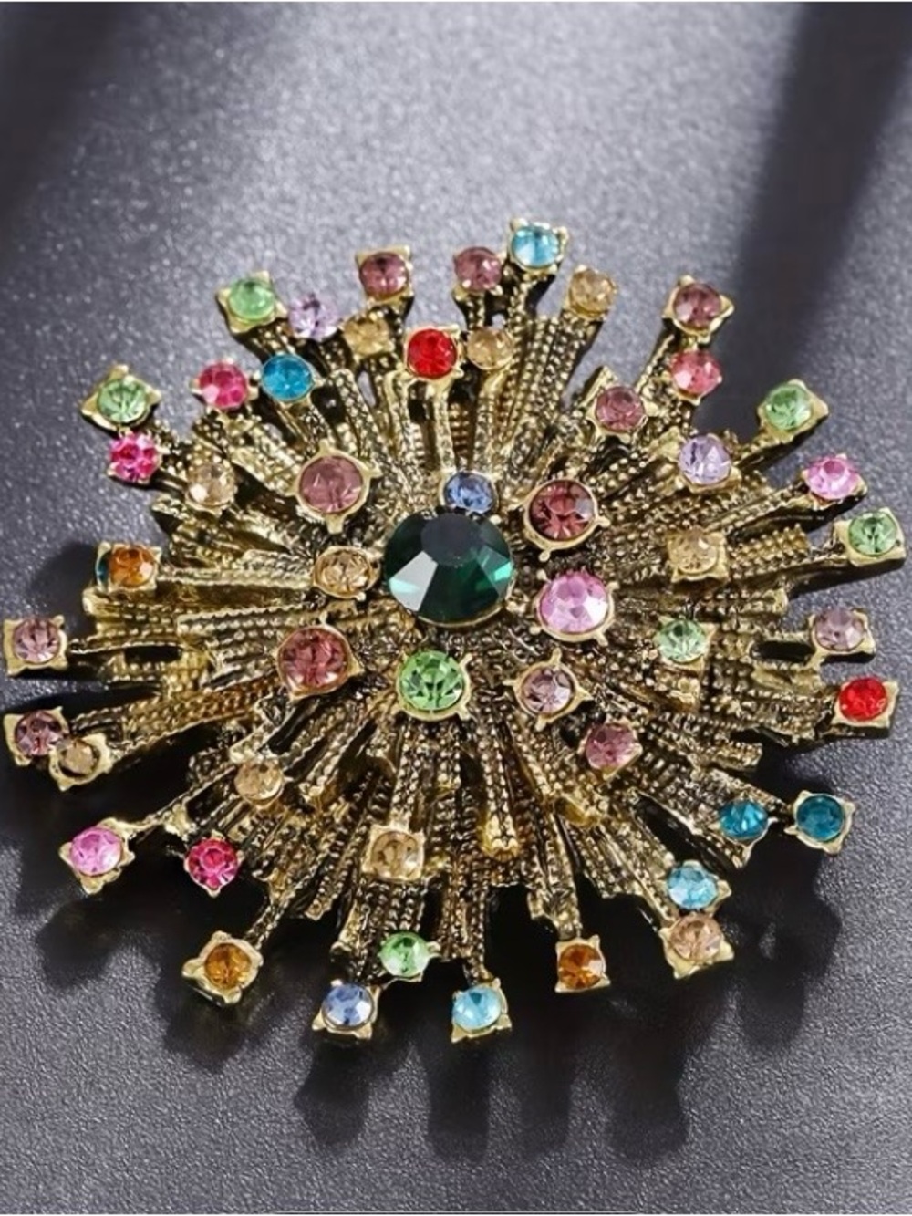 Gold-Tone Multi-Colored Crystal Burst Brooch - Vintage Style